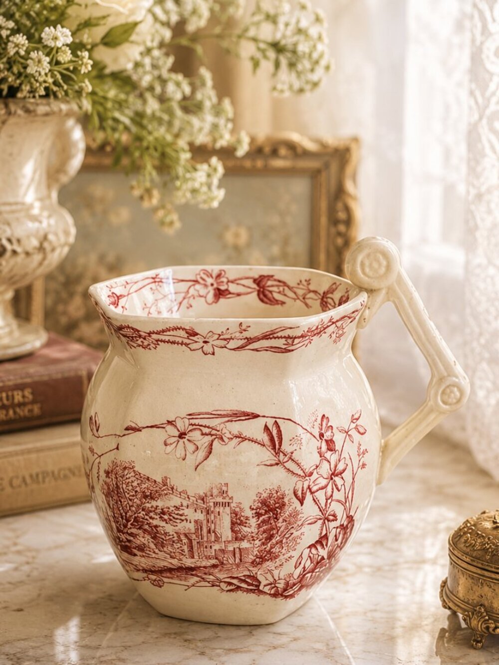 Rare Antique Mason's Ironstone Red Transferware Creamer Pitcher Warwick Pattern